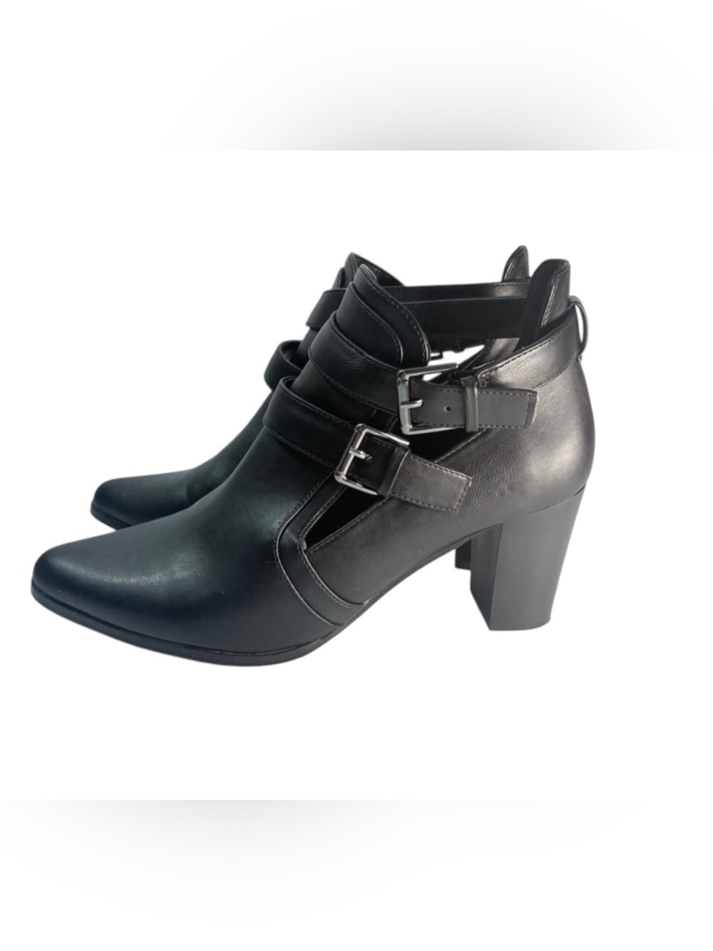 Liz Claiborne Camelia Black Heeled Boots with Buckle Detail Sz9.5 Classic Chic